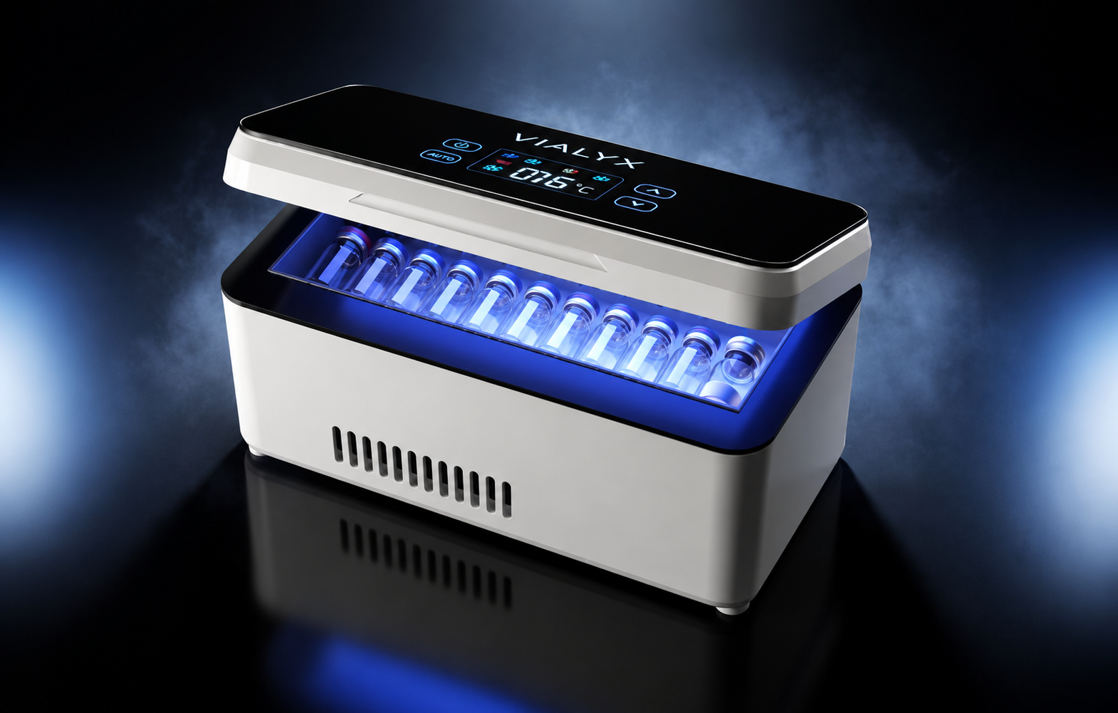 VIALYX™ peptide fridge with vials arranged in the interior tray