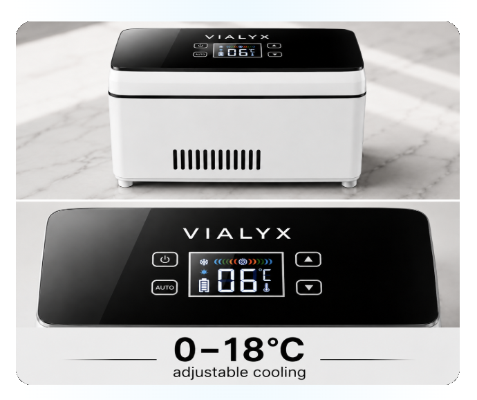 VIALYX™ peptide refrigerator on a counter with the interior tray visible