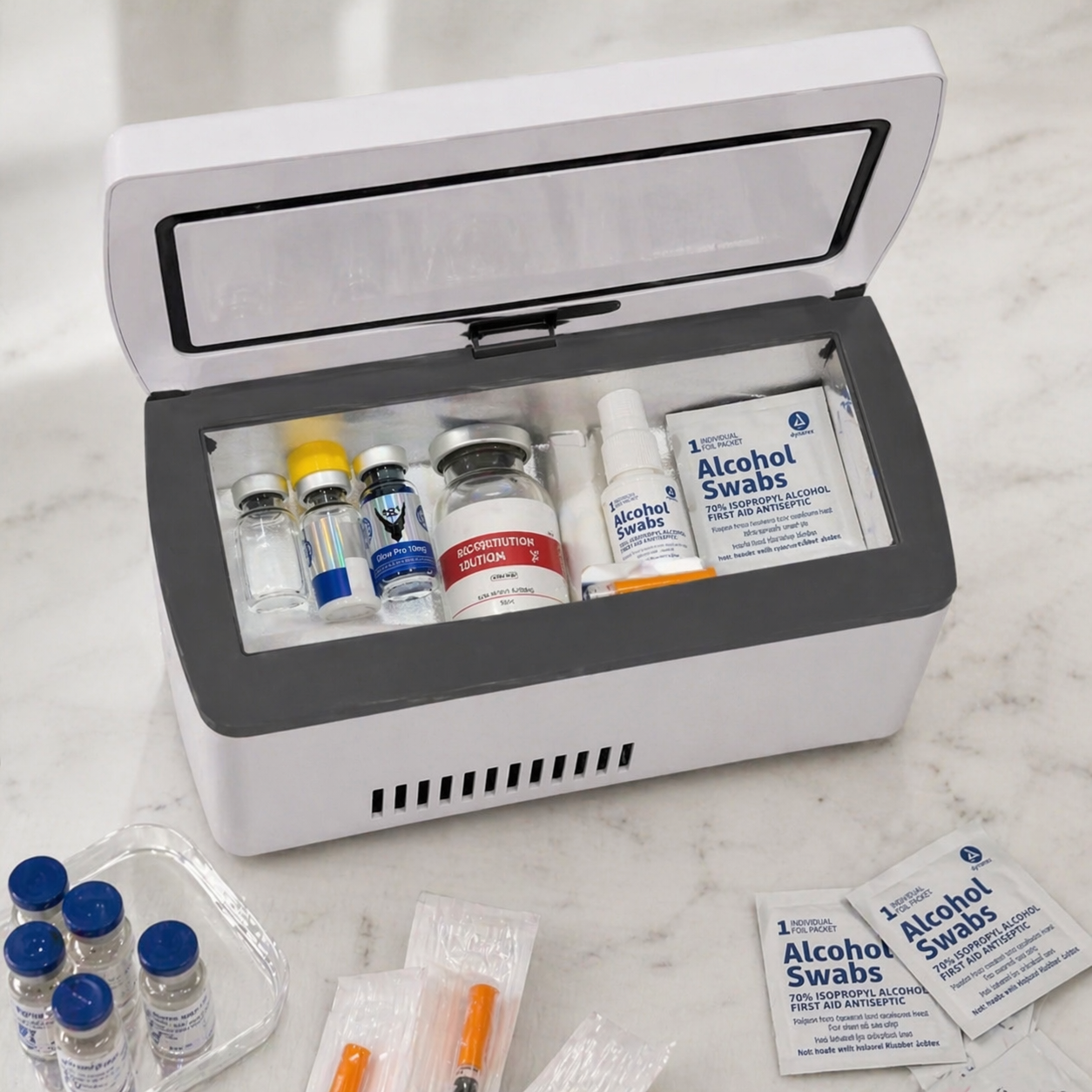 VIALYX™ peptide fridge styled on a shelf