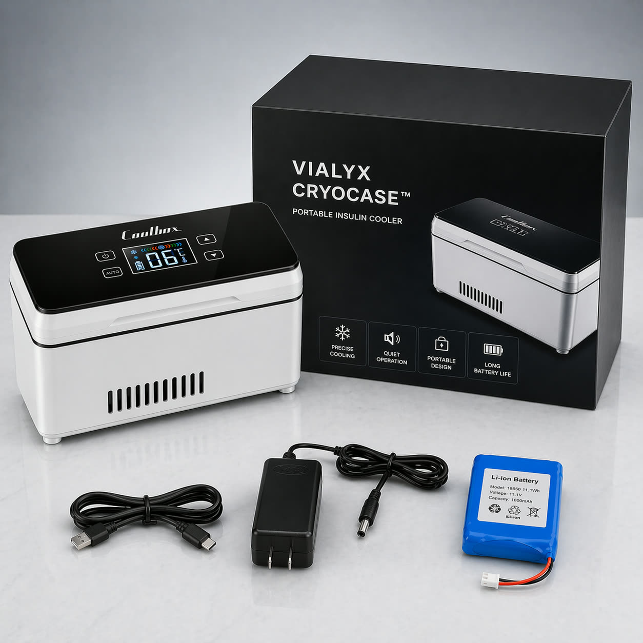 VIALYX unboxed with retail box, USB cable, adapter and battery